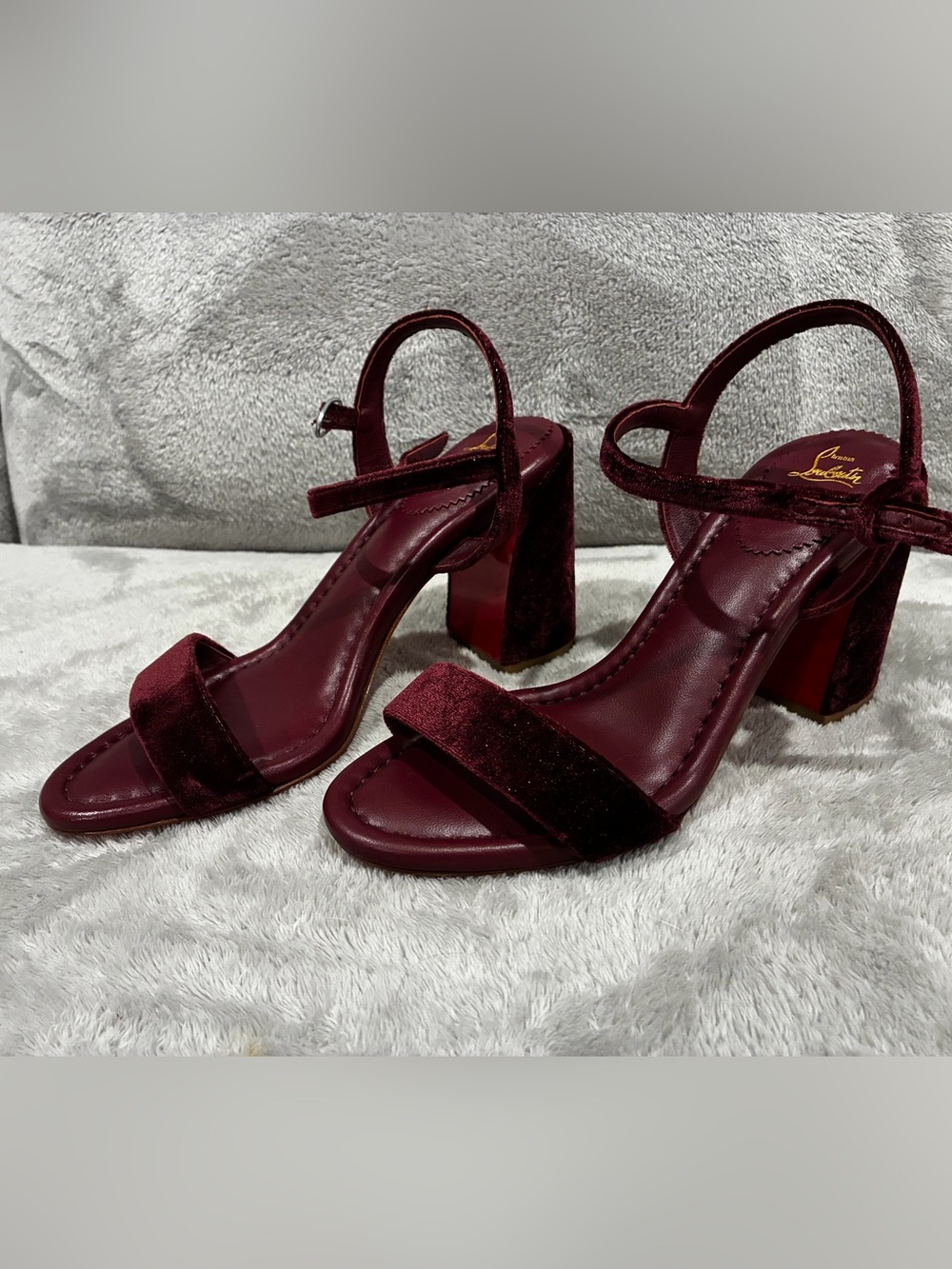 Christian Louboutin Velvet Block Heel Sandals in Burgundy/Gold